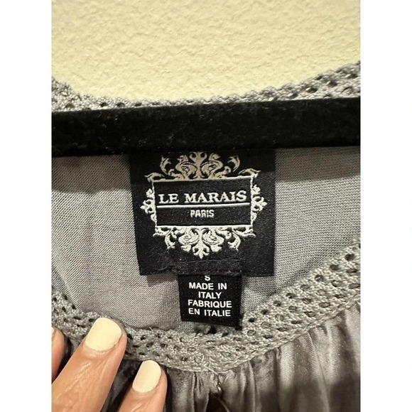 LE MARAIS Paris blue-gray 100% silk long sleeve blouse w floral Small C0525 - Picture 5 of 9